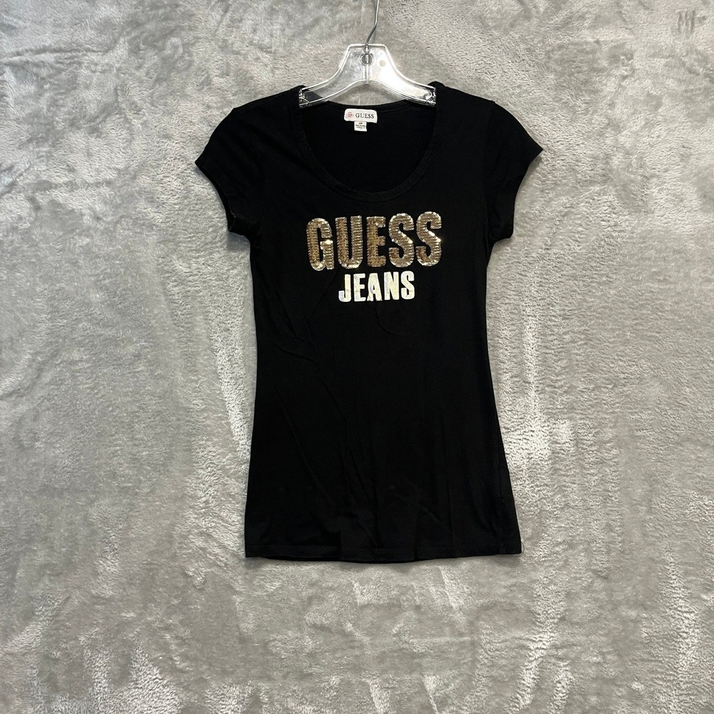 Guess Jeans T-Shirt Women Small Black Gold Sequin Logo Short Sleeve